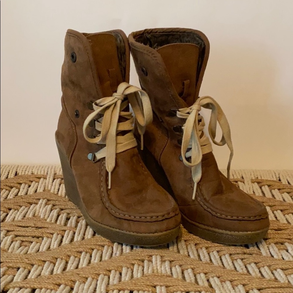 Camel Suede Wedges w/Faux Fur Lining